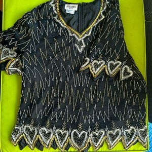 Vintage Silk Sequin Beaded Black and Metallic Short Sleeve Shirt